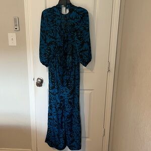 Blue Floral Print Long Sleeve Jumpsuit